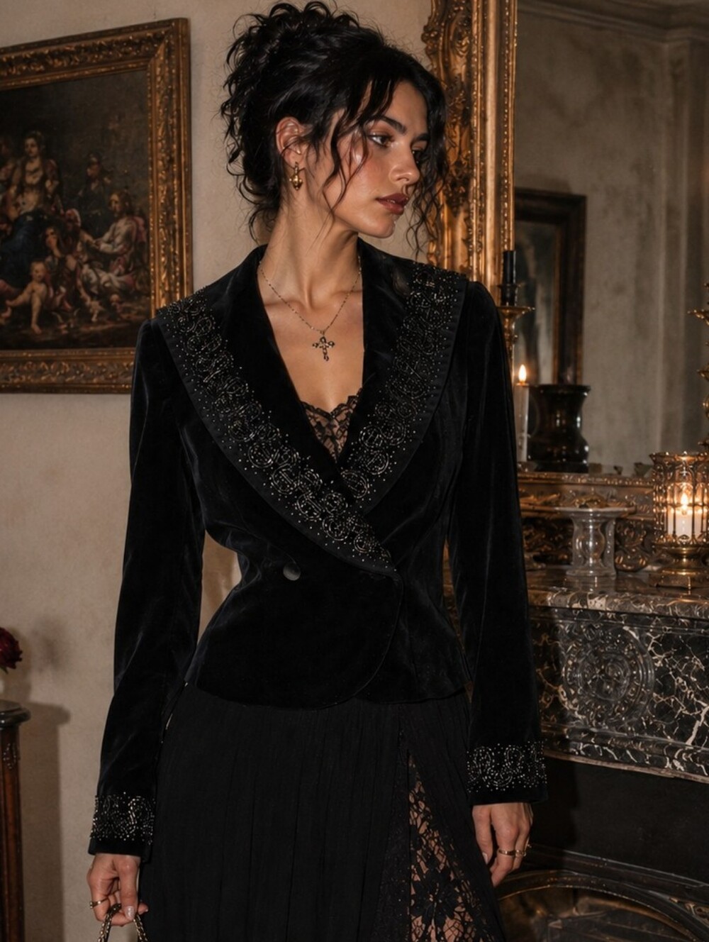 Vintage 80s Laura Ashley Black Beaded Velvet Blazer Size S Cropped Evening Opera